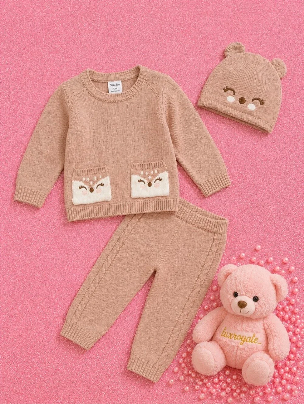Little Lass by Bealls Baby Girl Knit Sweater Set 12 Months Bear Hat 3 Piece Outf